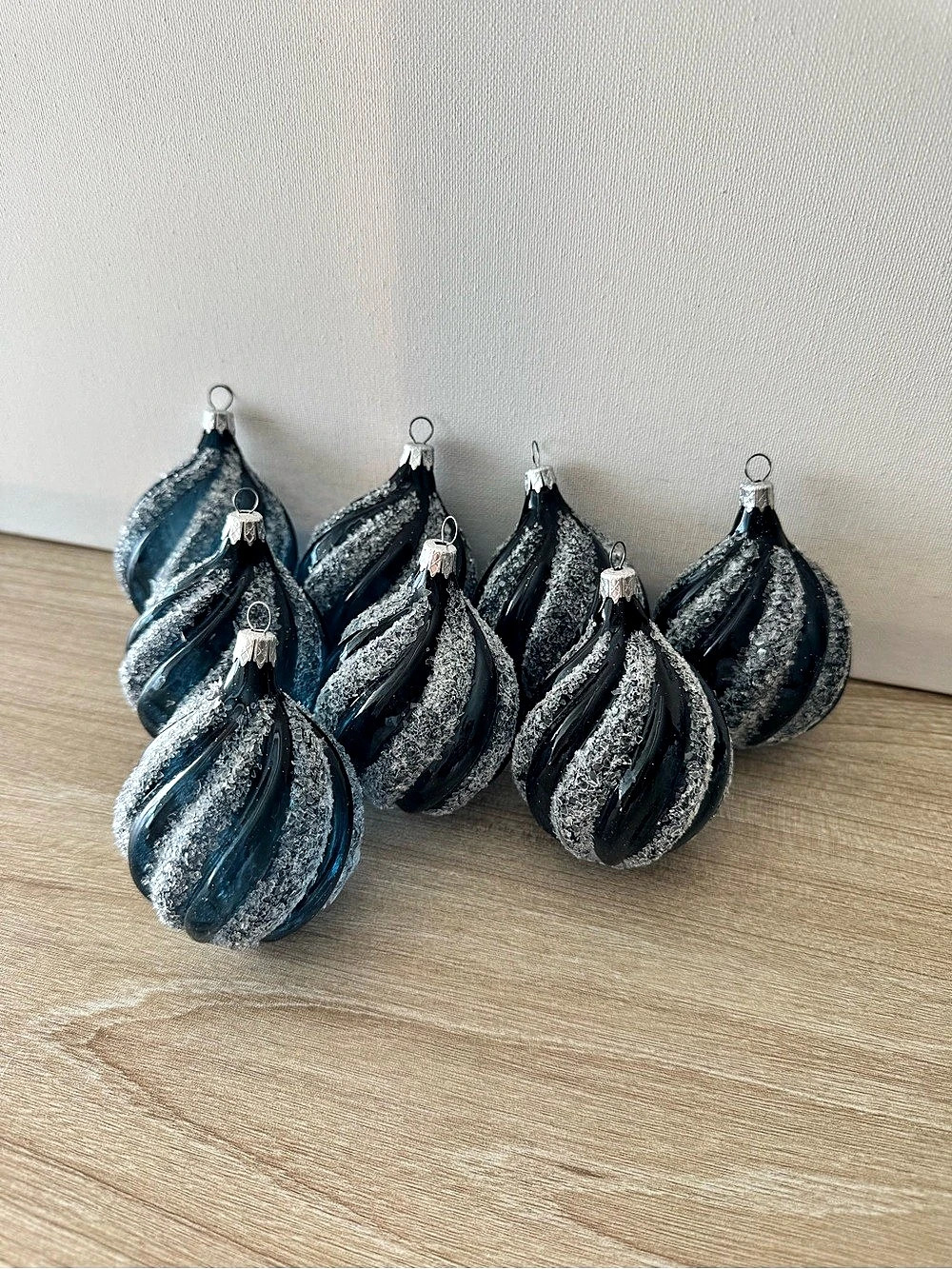 Vintage Christmas Street Blue Glass Ornaments Silver Glitter Set of 8